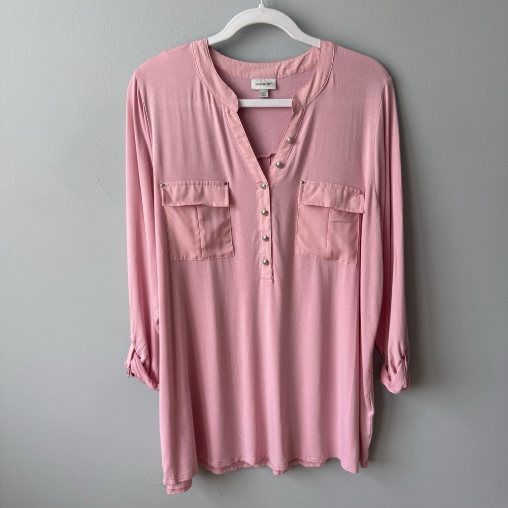 Avenue Women's 18/20 Pink 1/4 Button Adjustable Sleeve Blouse Tunic Shirt